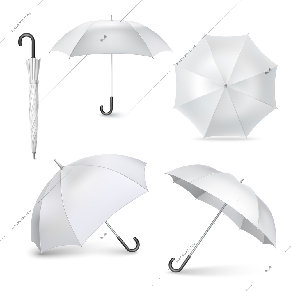 Light gray umbrellas  and parasols in various positions  open and folded pictograms collection realistic  isolated vector illustration