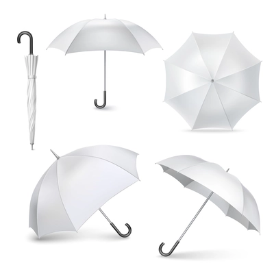 Light gray umbrellas  and parasols in various positions  open and folded pictograms collection realistic  isolated vector illustration