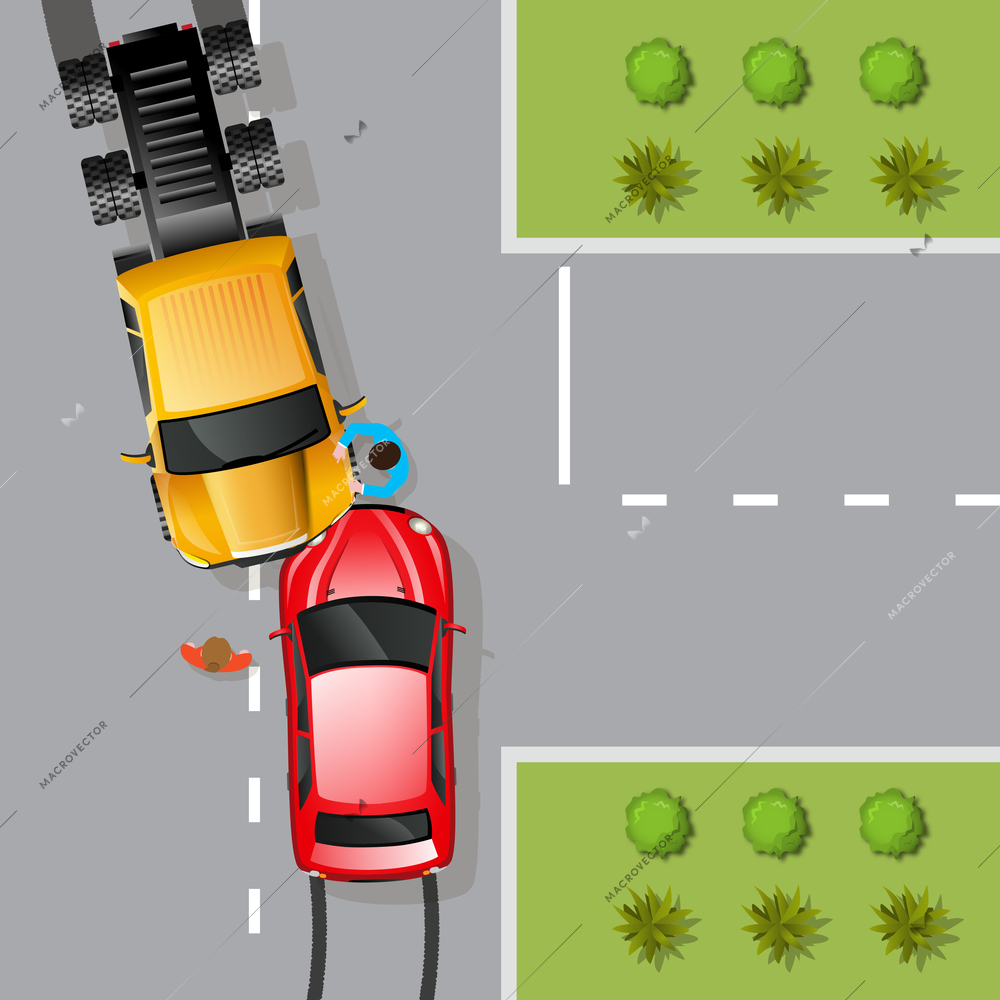 Car traffic accident with two cars and drivers flat vector illustration