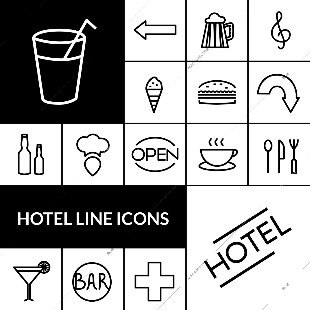 Hotel black white line icons set with food and drinks symbols flat isolated vector illustration