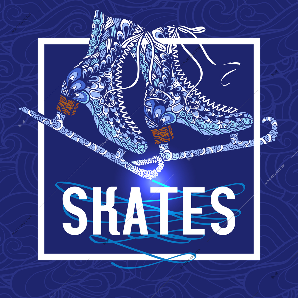 Old fashion ice skates with shimmering silver blades doodle style pictogram with blue background abstract vector illustration
