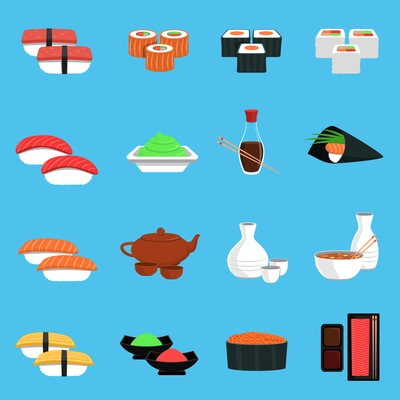 Sushi flat icons set with seafood and japanese cuisine food isolated vector illustration