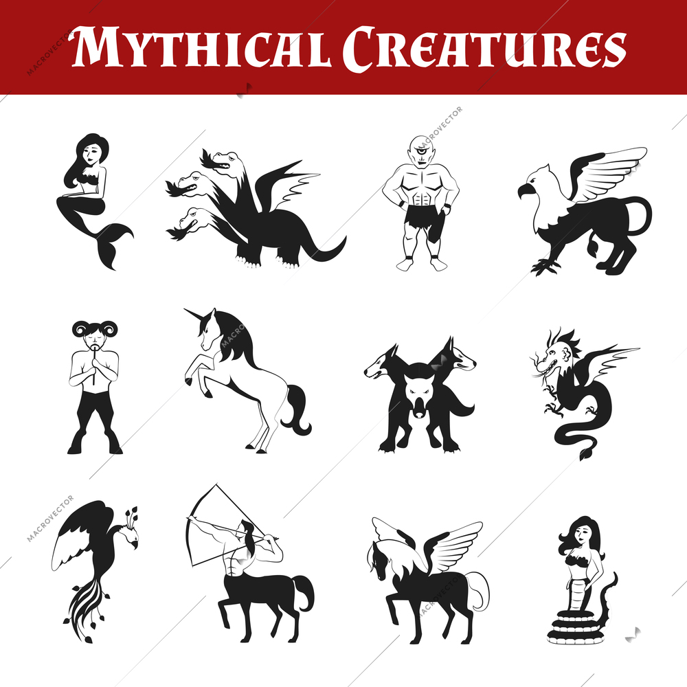 Mythical creatures black and white decorative icons set isolated vector illustration