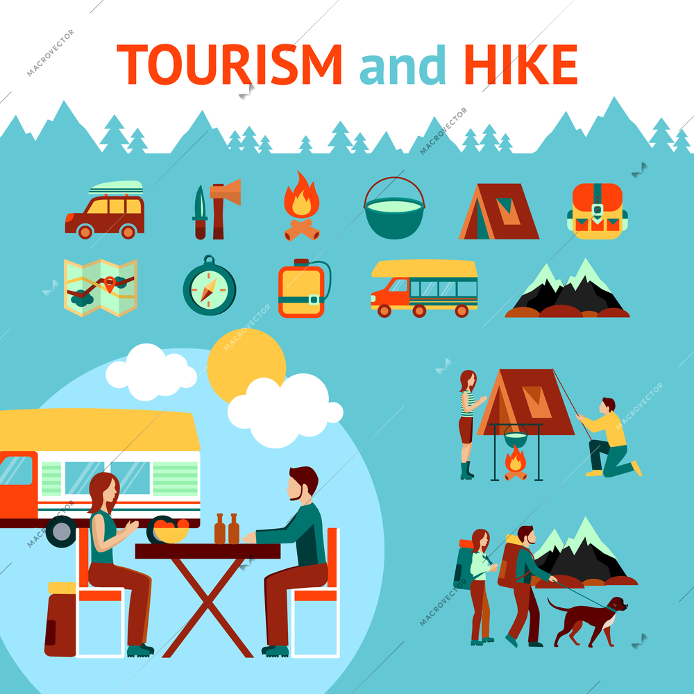 Tourism and hike infographics with outdoor recreation symbols vector illustration