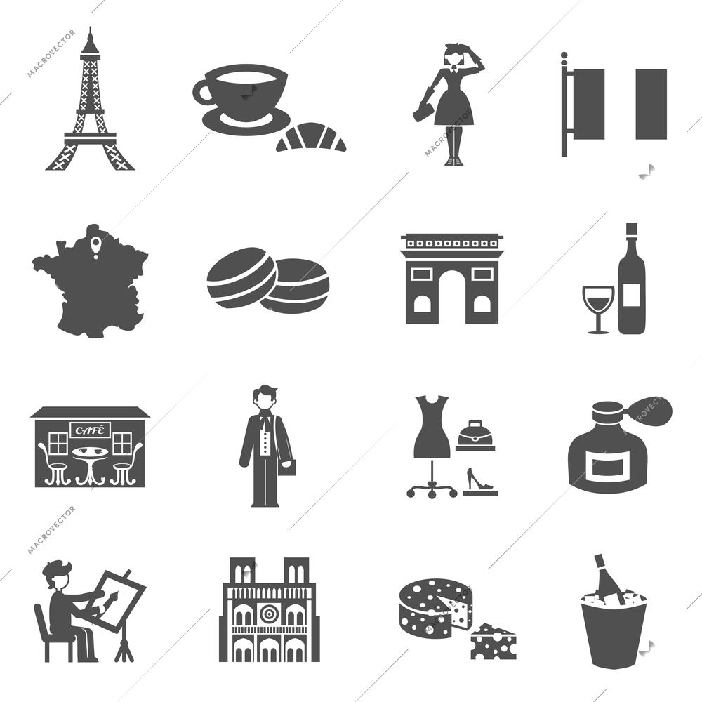 France icons black set with traditional culture symbols isolated vector illustration