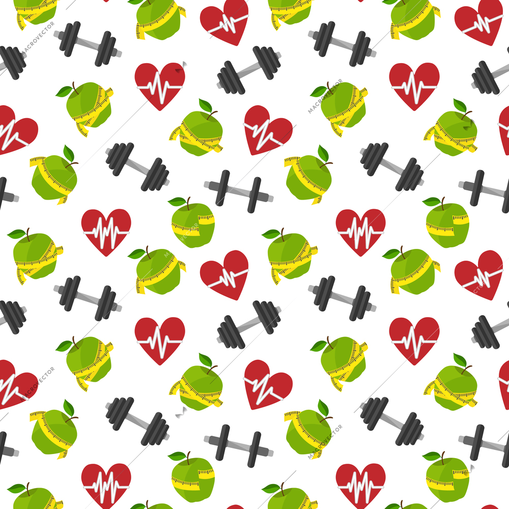 Seamless fitness healthy lifestyle pattern background with heart apple barbells vector illustration