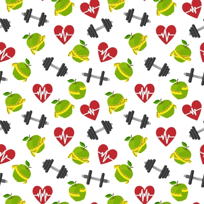 Seamless fitness healthy lifestyle pattern background with heart apple barbells vector illustration