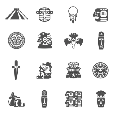 Maya icons black set with traditional mexican indian culture symbols isolated vector illustration