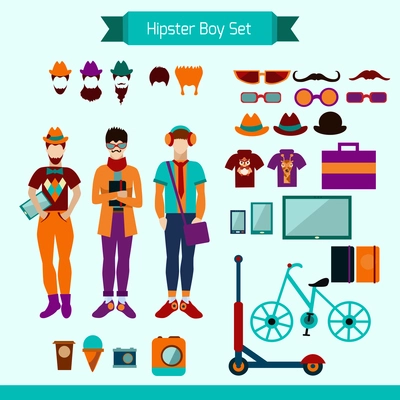 Hipster boy style set with trendy accessories isolated vector illustration