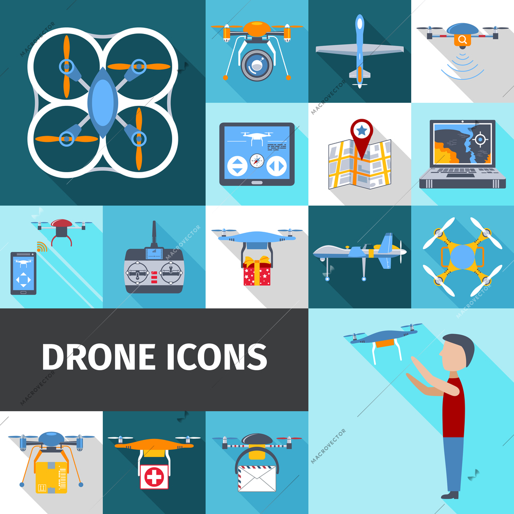 Drone and radio control flying gadgets flat icons set isolated vector illustration