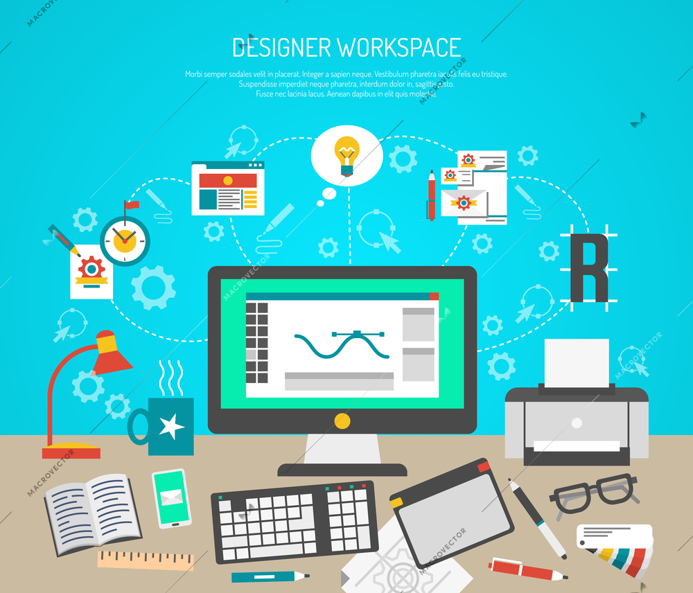 Designer workspace concept with flat graphic design tools and computer monitor vector illustration