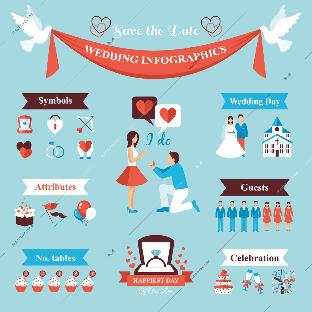 Wedding infographics set with bride and groom symbols vector illustration