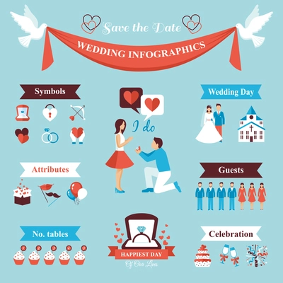 Wedding infographics set with bride and groom symbols vector illustration