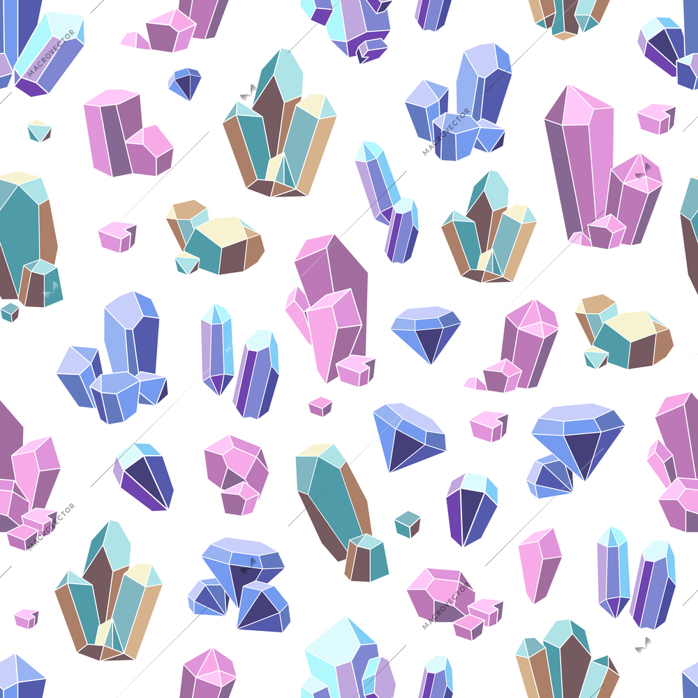 Crystal minerals and geometric gems flat seamless pattern vector illustration