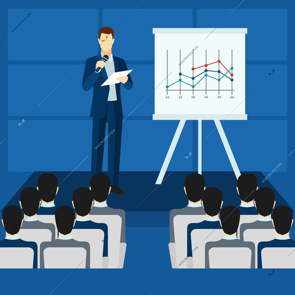 Public people speaking to audience from  podium  poster flat  vector illustration.