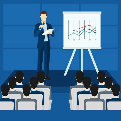 Public people speaking to audience from  podium  poster flat  vector illustration.