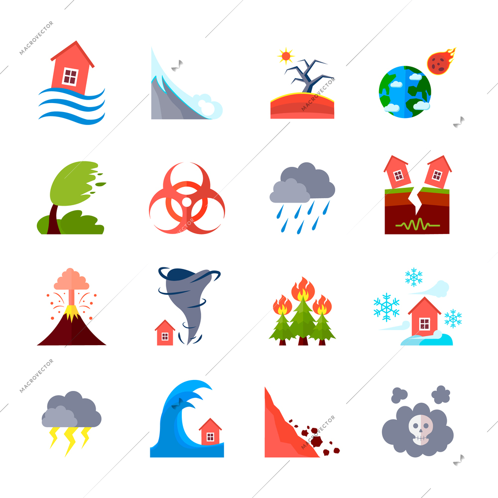 Flat style colored icons set of different natural disasters and civilization negative effects isolated vector illustration