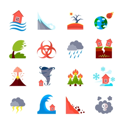 Flat style colored icons set of different natural disasters and civilization negative effects isolated vector illustration