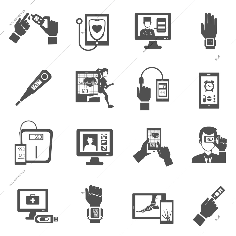 Digital health black icons set with medical diagnostics symbols isolated vector illustration