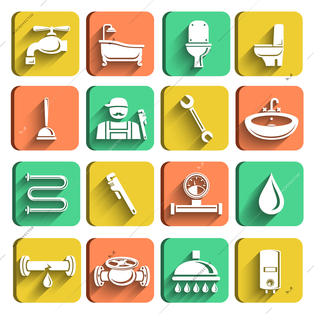 Plumbing tools icons set of plumber wrench bathroom and water leak isolated vector illustration