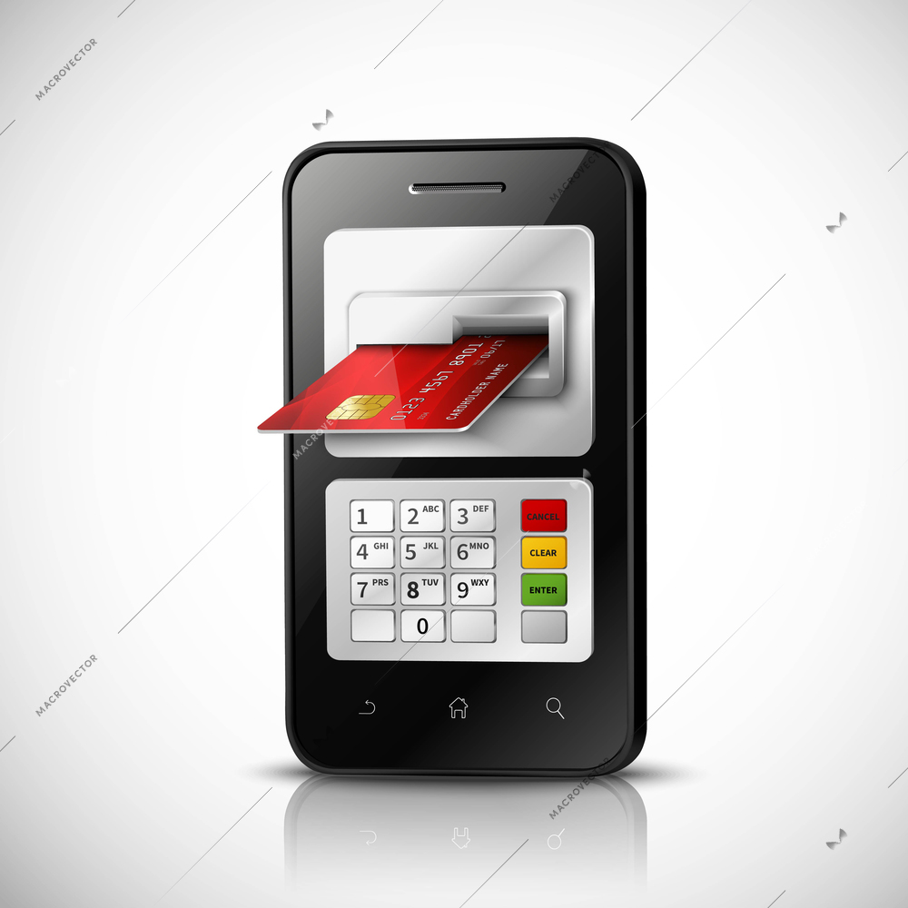 Mobile banking realistic concept with mobile phone and credit card vector illustration