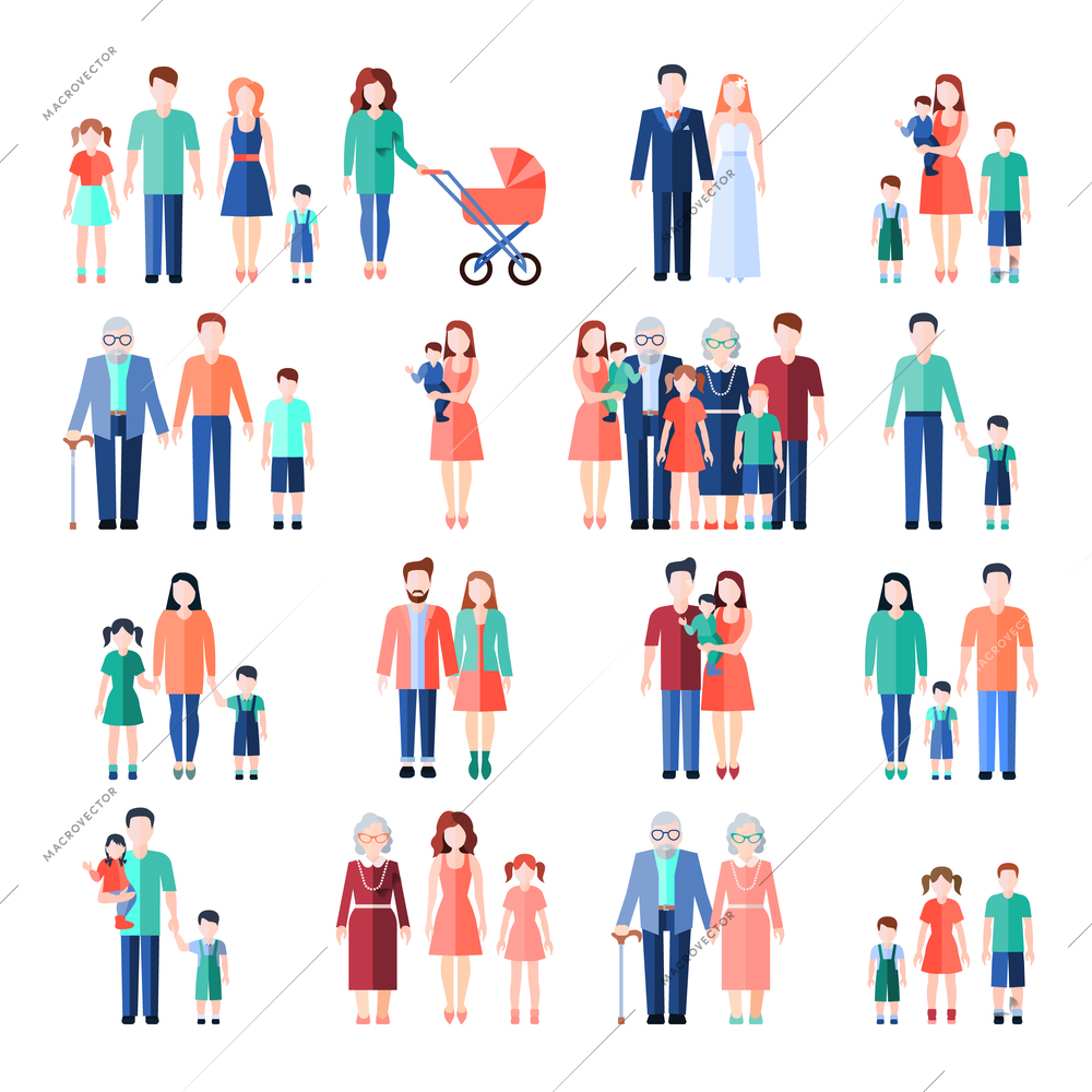 Family flat style images set with married couples parents and children isolated vector illustration