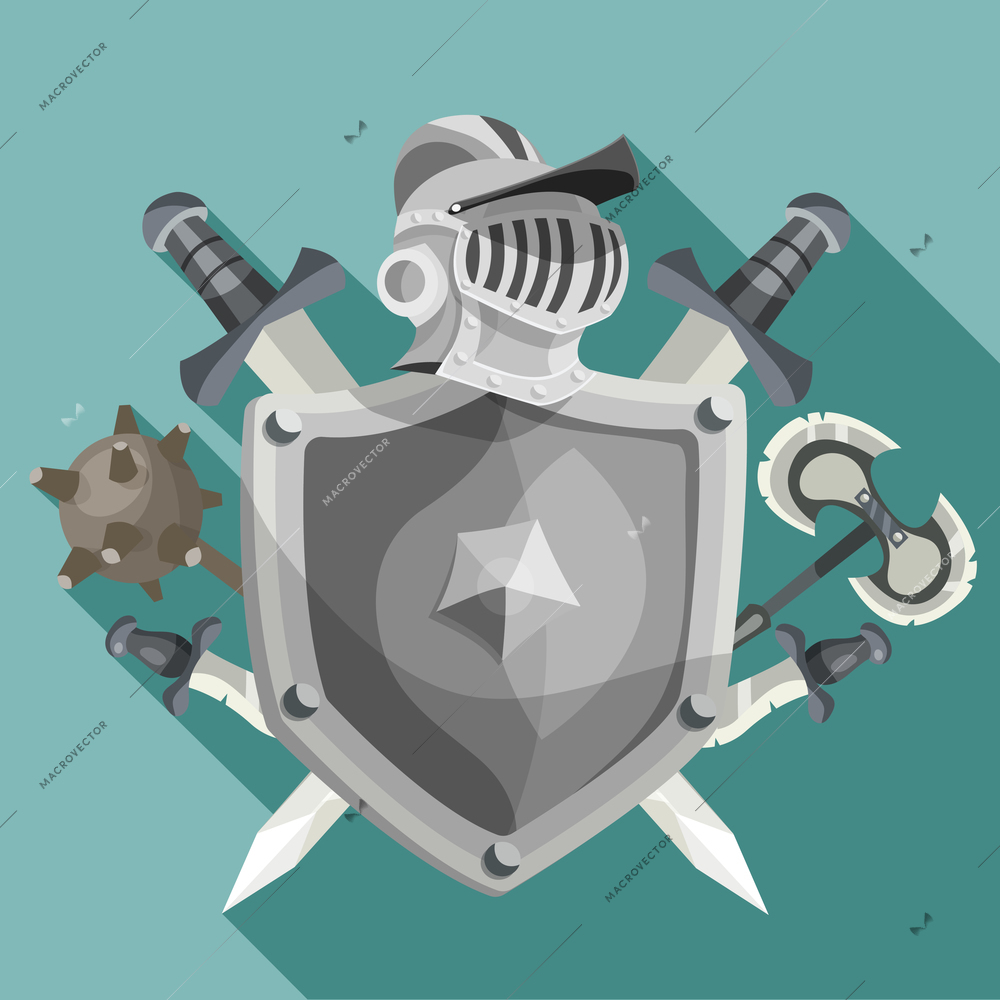 Medieval knight emblem shield with antique armor cartoon vector illustration