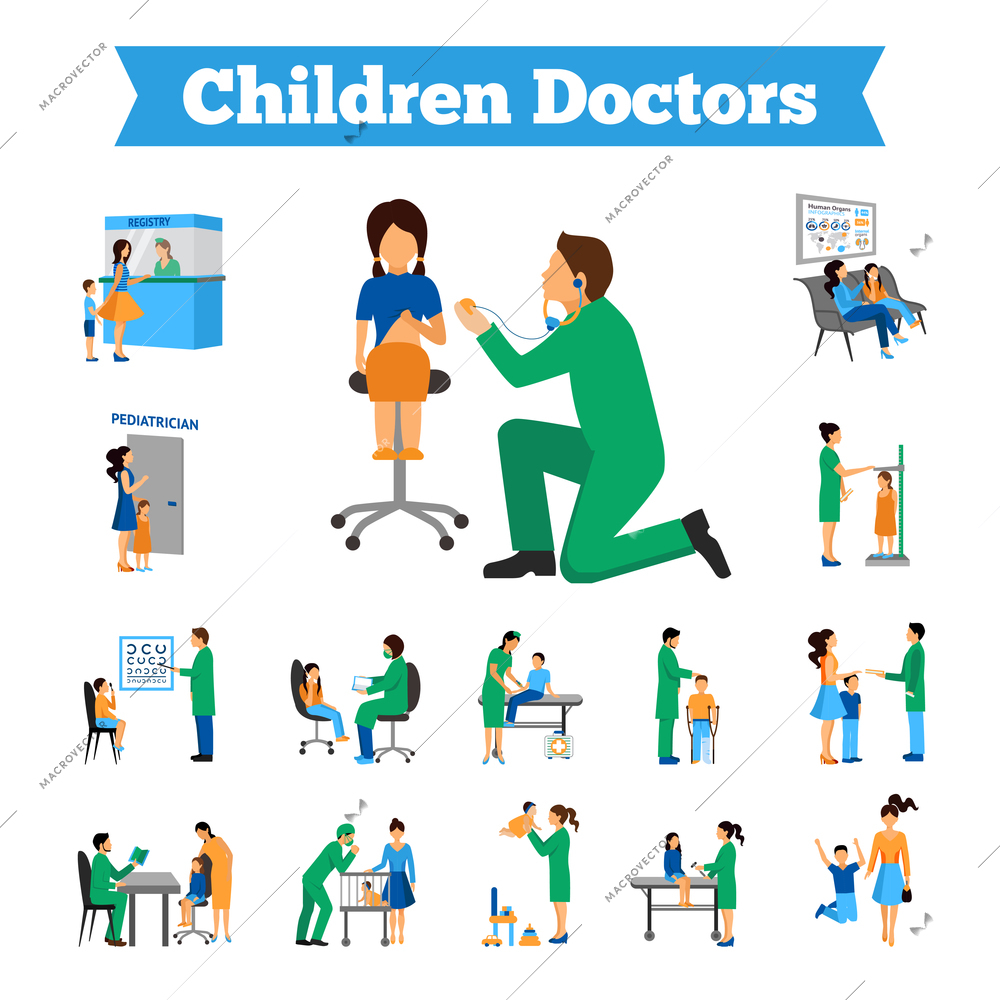 Children doctor and little patients flat icons set isolated vector illustration