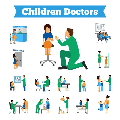 Children doctor and little patients flat icons set isolated vector illustration