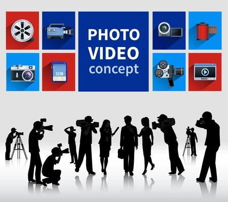 Photo and video concept with people and cameras flat isolated vector illustration