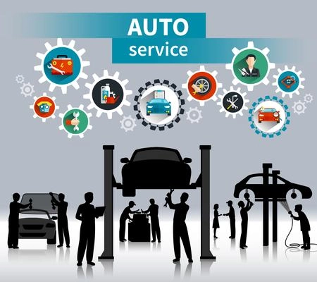Auto service concept background with spare parts and maintenance symbols flat shadow vector illustration