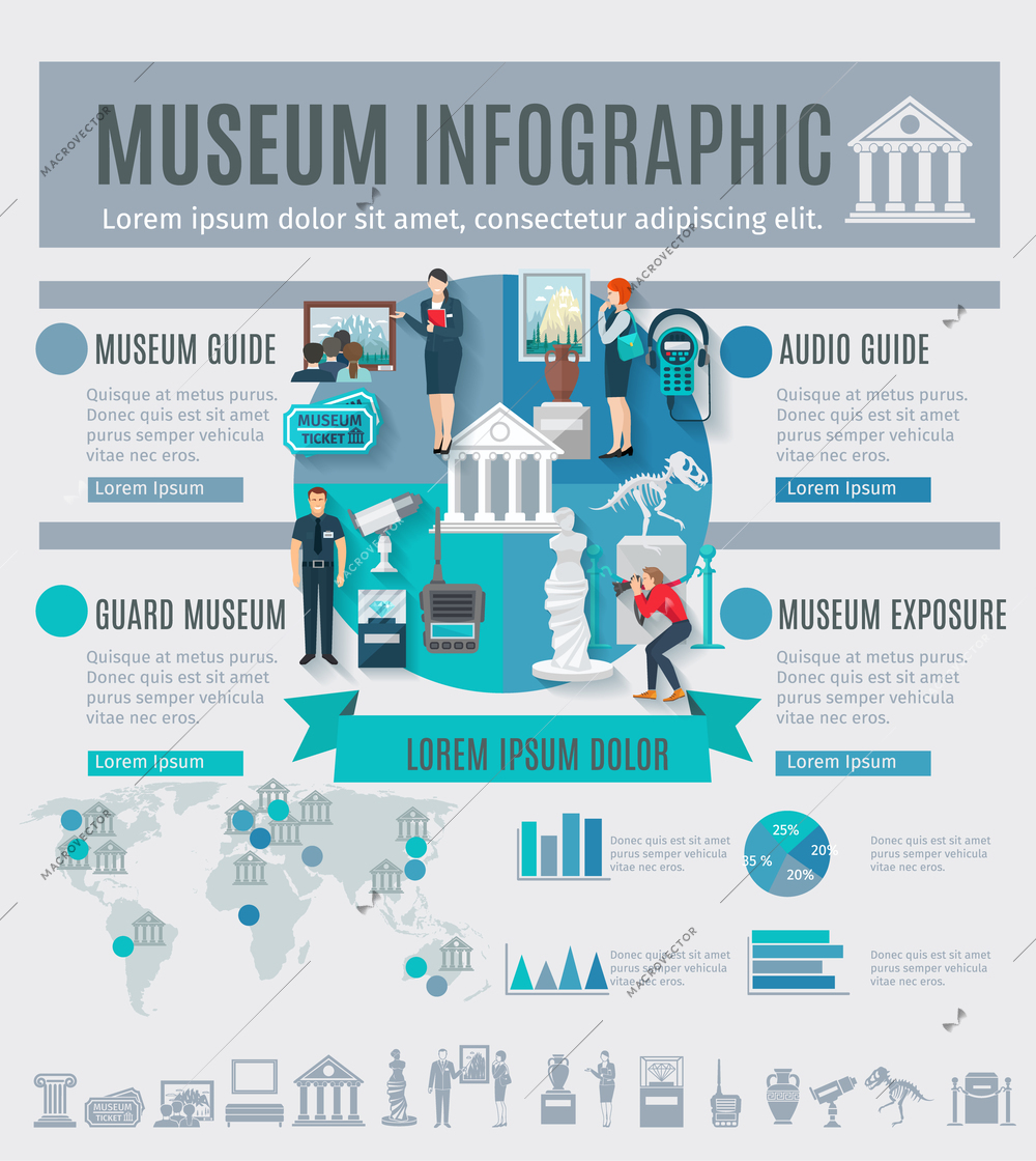 Museum infographics set with arts symbols and charts vector illustration