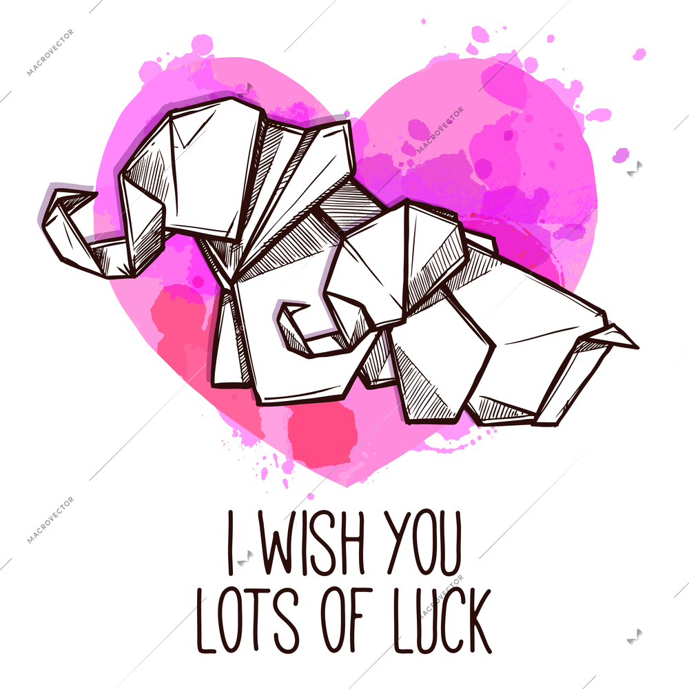 Origami elephants cordial good luck wish on special day card with heart symbol doodle abstract vector illustration