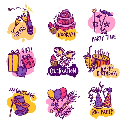 Birthday masquerade party colorful emblems or  labels collection with surprise presents and cheers  abstract isolated vector illustration