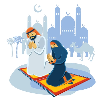 Praying muslim man and woman concept with camel and mosque flat vector illustration