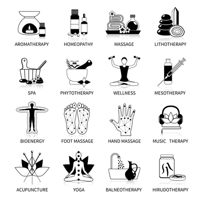 Black alternative medicine icons set of phytotherapy yoga bioenergy spa homeopathy  symbols   flat isolated vector illustration