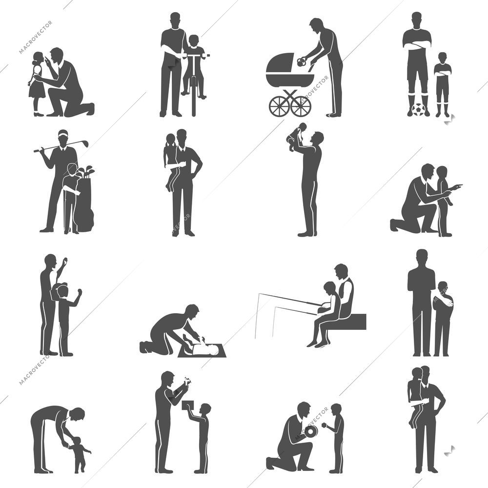 Black fatherhood flat icons set with father playing with children  isolated vector illustration.