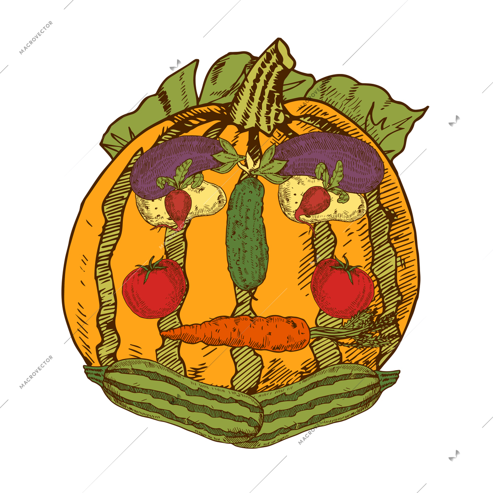 Hand drawn still life with garden vegetables in human face shape vector illustration