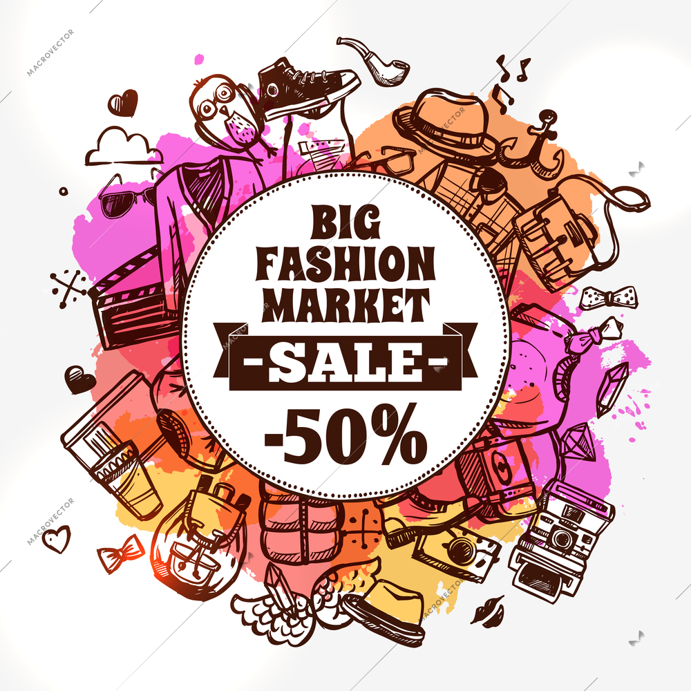 Hipster fashion clothing discount big market sale advertisement banner with circle shape composition doodle abstract vector illustration