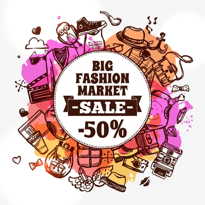 Hipster fashion clothing discount big market sale advertisement banner with circle shape composition doodle abstract vector illustration