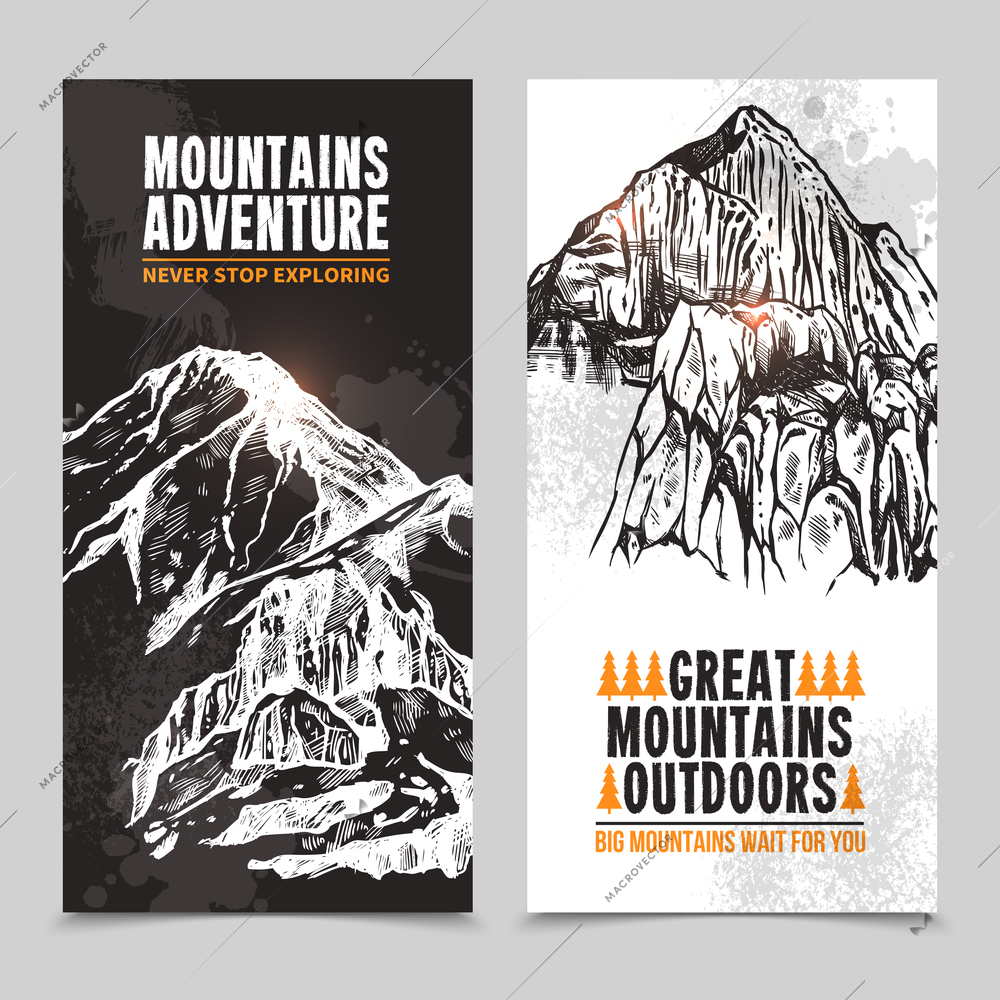 Mountain vacation packages and tours adventure travel company vertical two-colored banners set graphic abstract isolated vector illustration