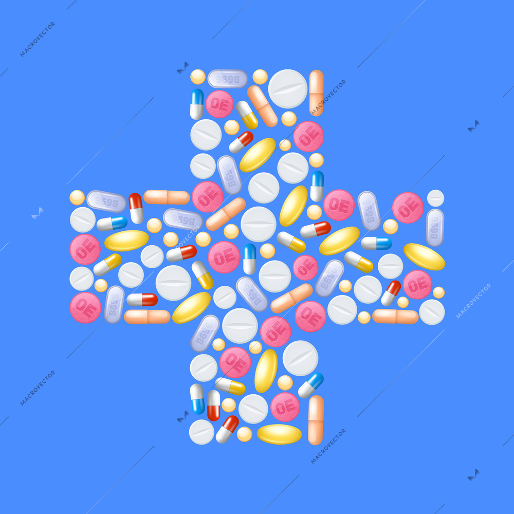 Medicine concept with pills  and capsules in cross shape vector illustration