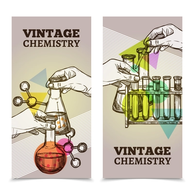 Chemistry laboratory research test tubes and retorts 2 vintage style vertical banners set abstract isolated vector illustration