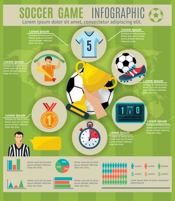 Soccer game infographic set with sport trophy symbols and charts vector illustration