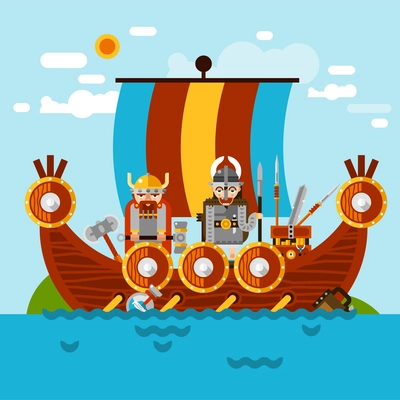 Viking boat at sea background with viking army and treasure flat vector illustration