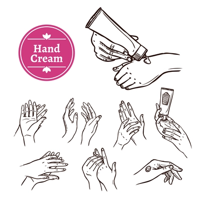 Applying and spreading hand cream from plastic tube black hand drawn icons set abstract isolated vector illustration