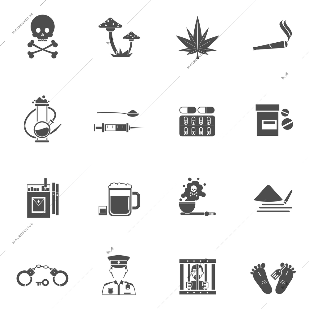 Drugs black white icons set with danger for life symbols flat isolated vector illustration
