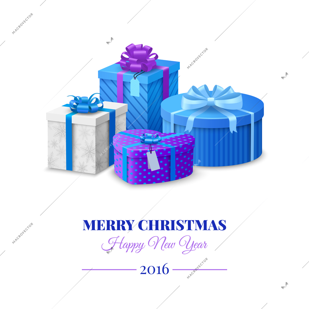 Christmas postcard with colorful blue gift boxes set vector illustration