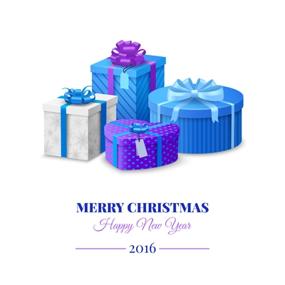 Christmas postcard with colorful blue gift boxes set vector illustration