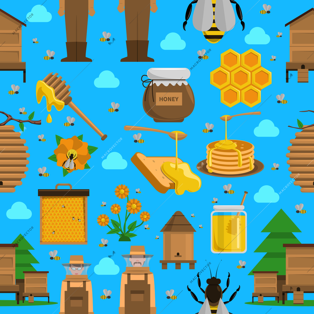 Honey seamless pattern with apiary dishes with honey and bees on blue background flat isolated vector illustration